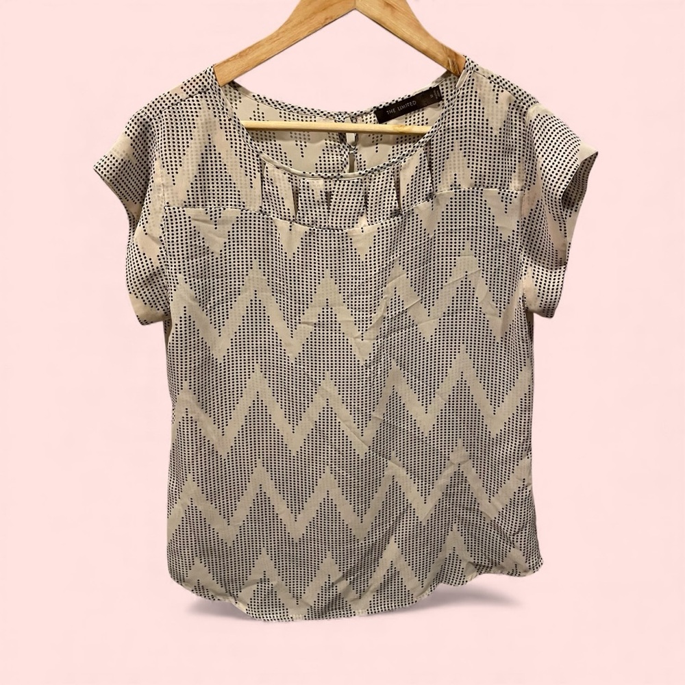 Cute coffee and cream polka dot chevron sheer cut out accent blouse flowy